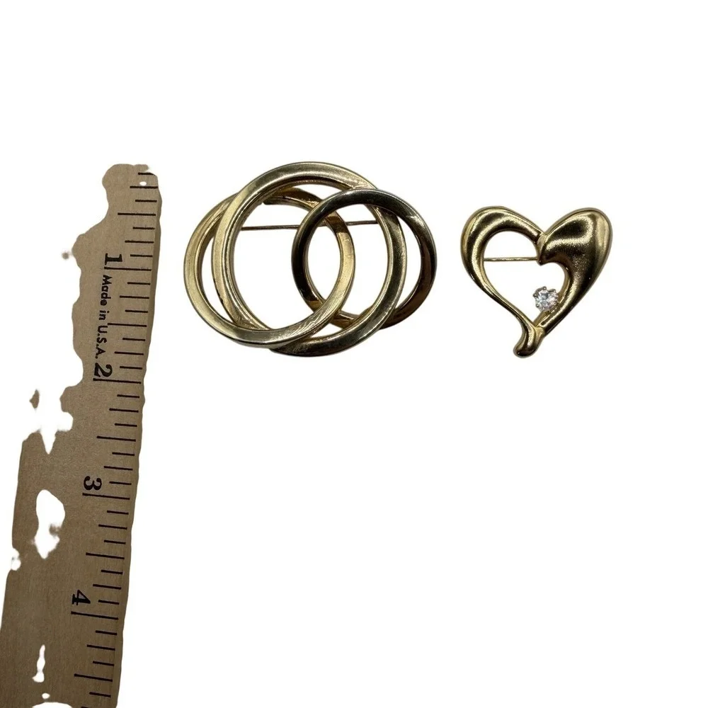 Gold Tone Brooch Set Triple Circle Interlocking & Heart Rhinestone Pins 2pc